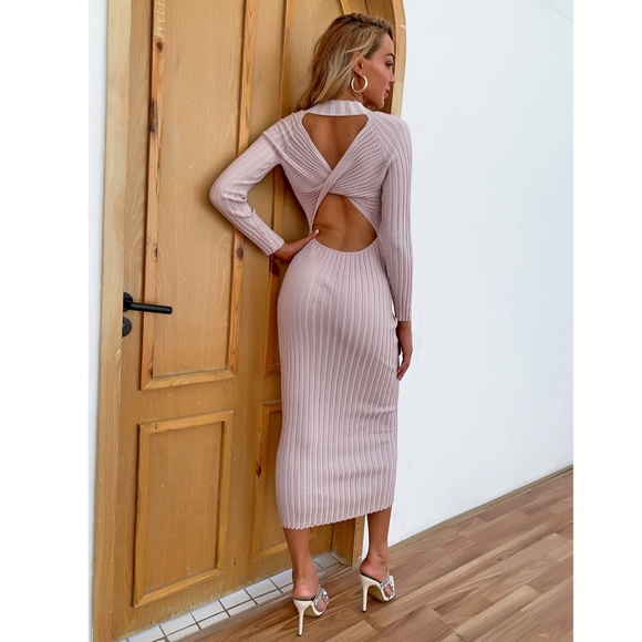 Cut Out Twisted Back Rib Knit Midi Dress - Picture 2 of 14